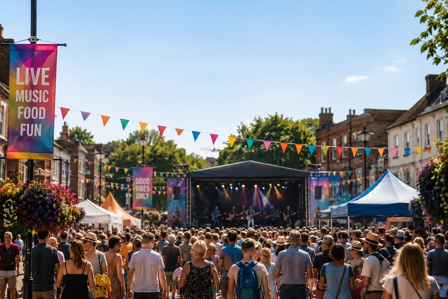 Street festival with a live band and crowd